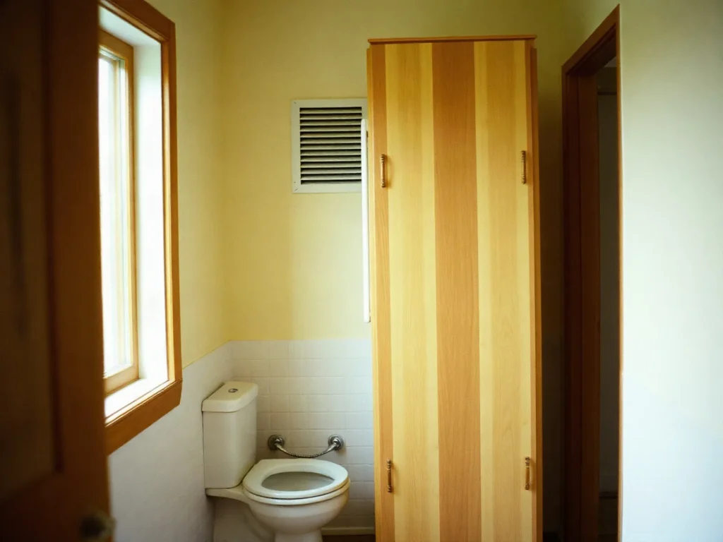 Colonna in legno alta e stretta in un bagno cieco con la griglia di aerazione