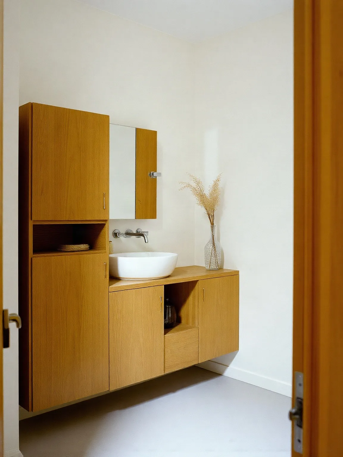 Mobile bagno in legno sospeso sotto il lavabo con il pensile a colonna