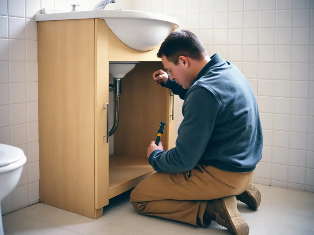 Artigiano in ginocchio che fissa il mobile sotto il lavabo con il cacciavite