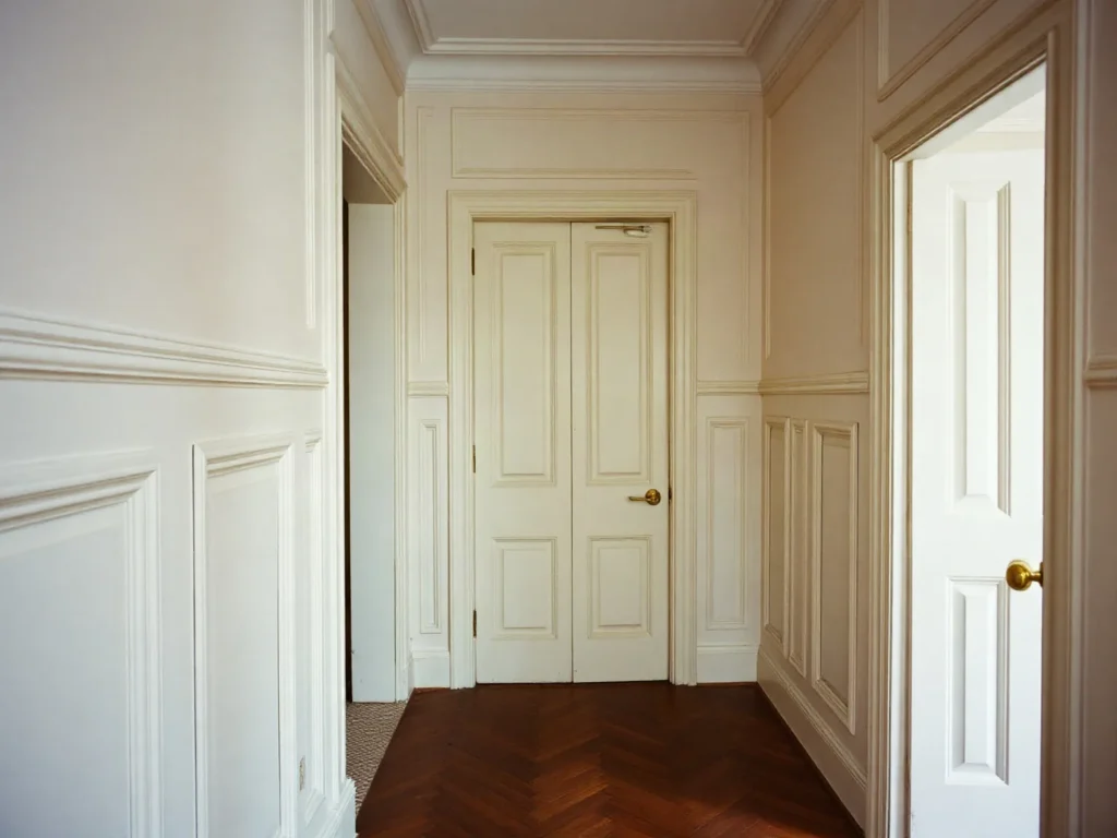 Ingresso con boiserie bianca a mezza parete e parquet a spina