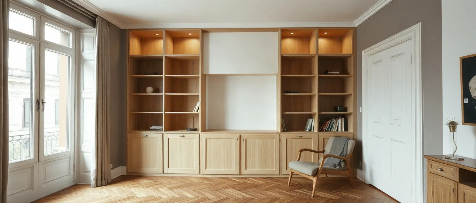 Soggiorno con parquet a spina e una libreria su misura in rovere chiaro incassata a tutta parete accanto alla finestra