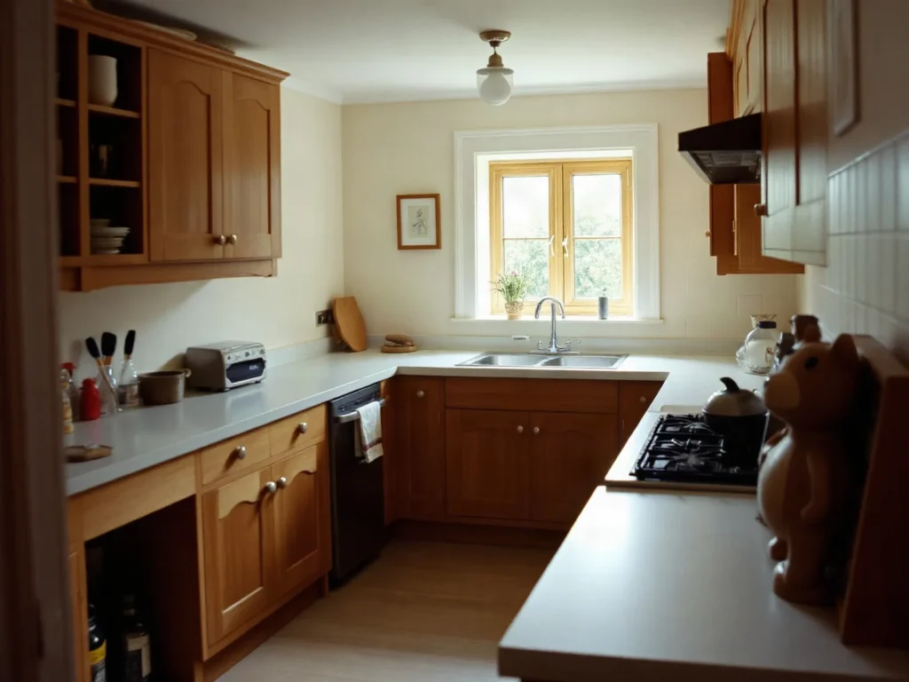 Cucina ad angolo in legno con il piano chiaro e la finestra sopra il lavello