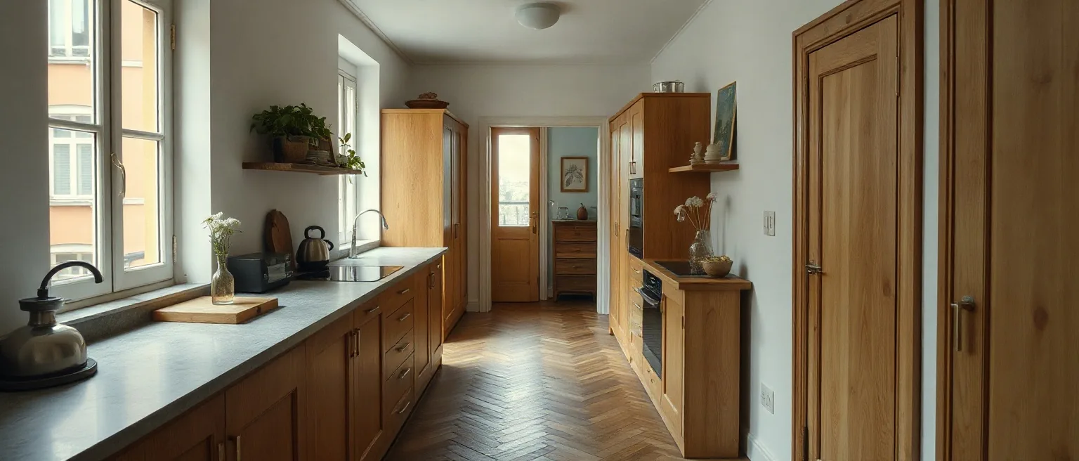 Cucina lineare in rovere lungo la parete di un appartamento con parquet a spina