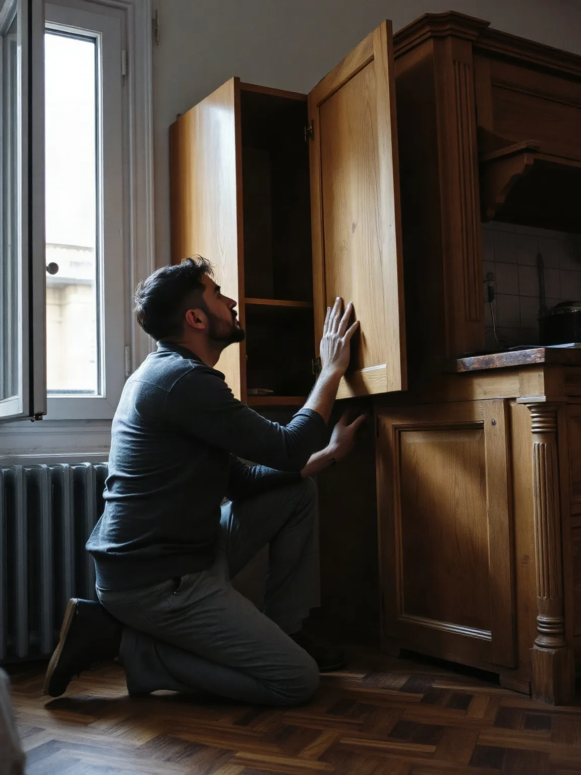 Falegname in ginocchio in una cucina di casa che riallinea con la mano l'anta di un pensile in legno