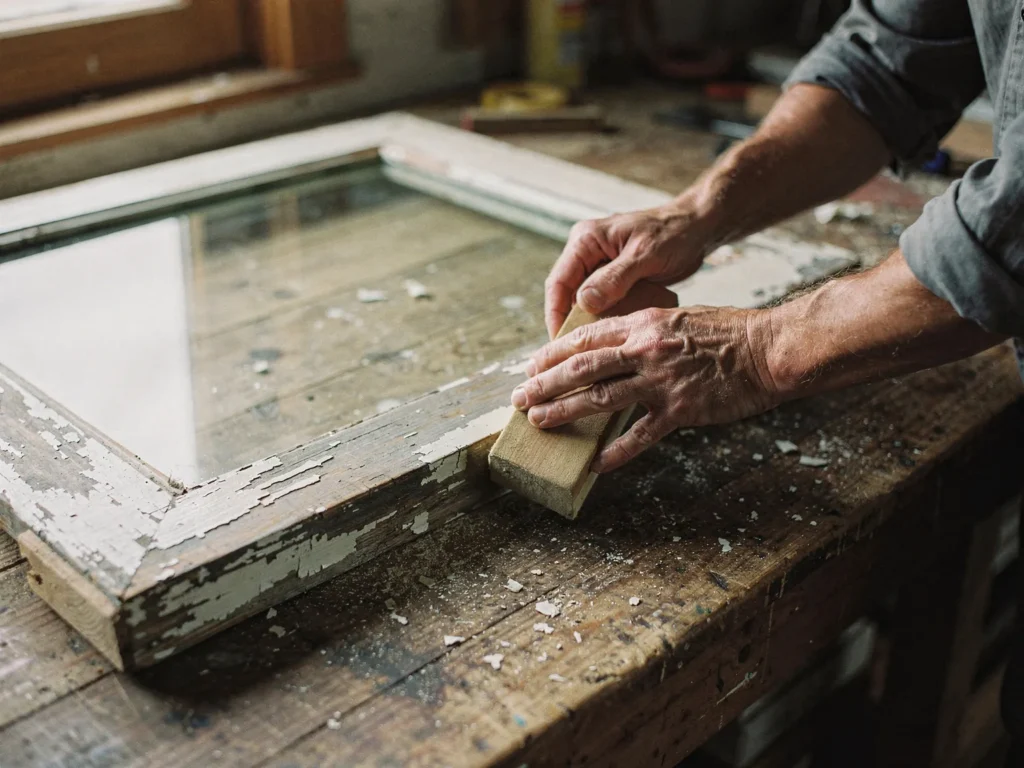Mani che carteggiano con il tampone il traverso di un'anta di finestra dalla vernice scrostata