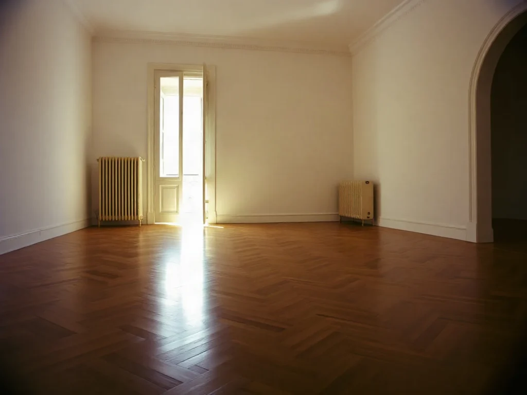 Stanza vuota con il parquet a spina appena lamato e verniciato nella luce della finestra
