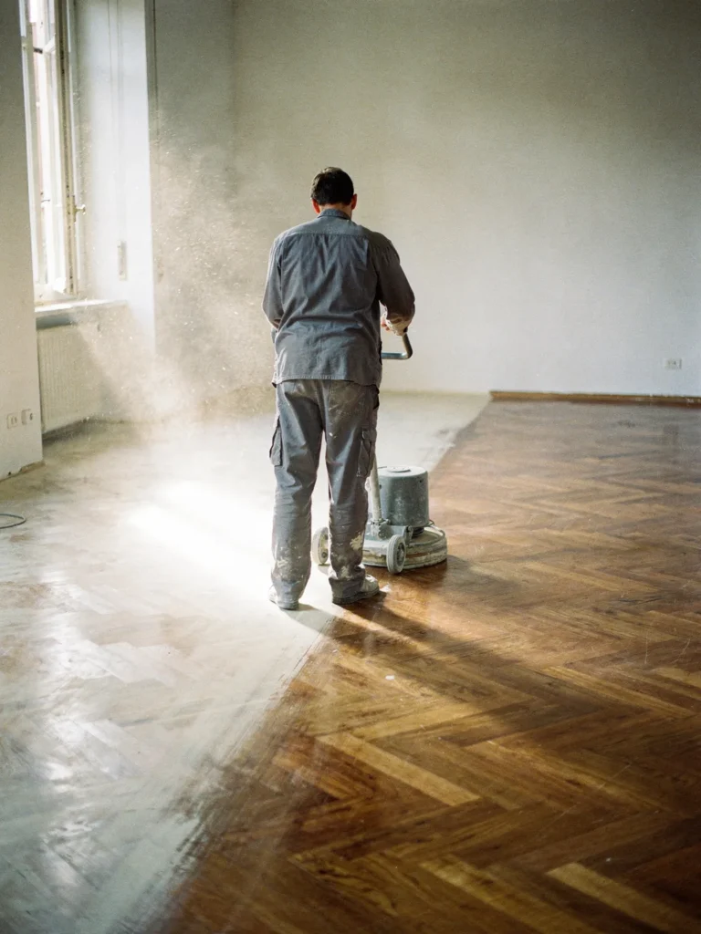 Operaio di spalle con la levigatrice su un parquet a spina, metà lamato e metà ancora scuro
