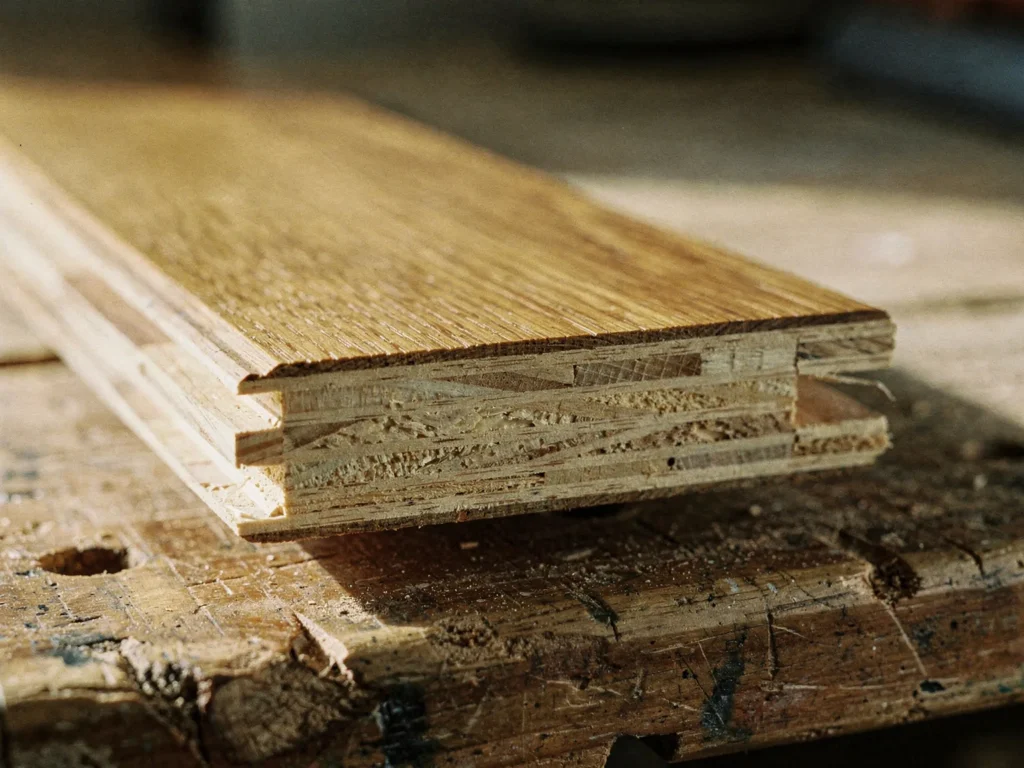Sezione di una doga di parquet prefinito con lo strato di rovere sopra il supporto