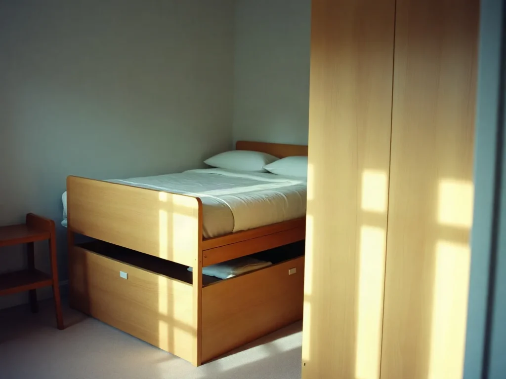 Letto in legno con i cassetti contenitore sotto la rete in una camera piccola
