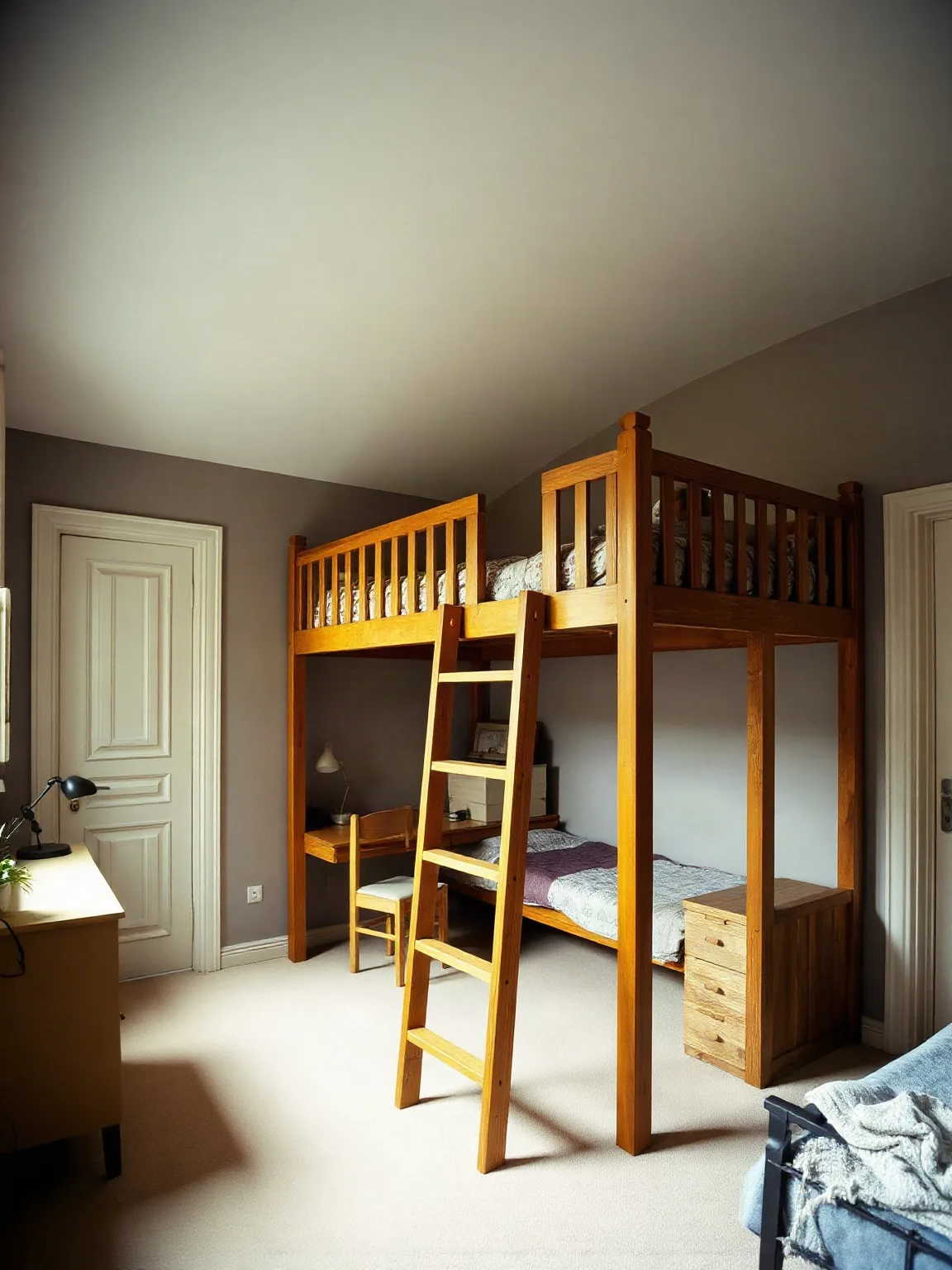 Letto a soppalco in legno con la scala e lo spazio sotto in una cameretta
