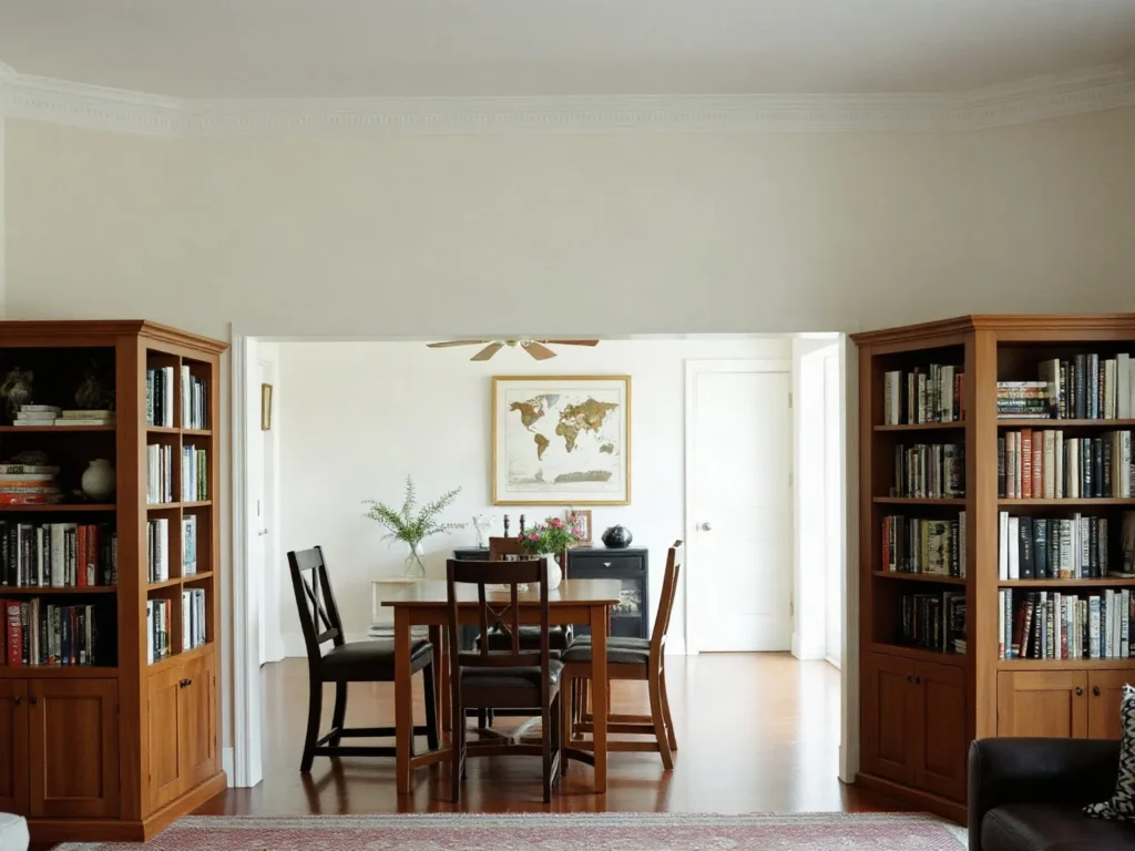 Due librerie in legno ai lati del passaggio verso la sala da pranzo