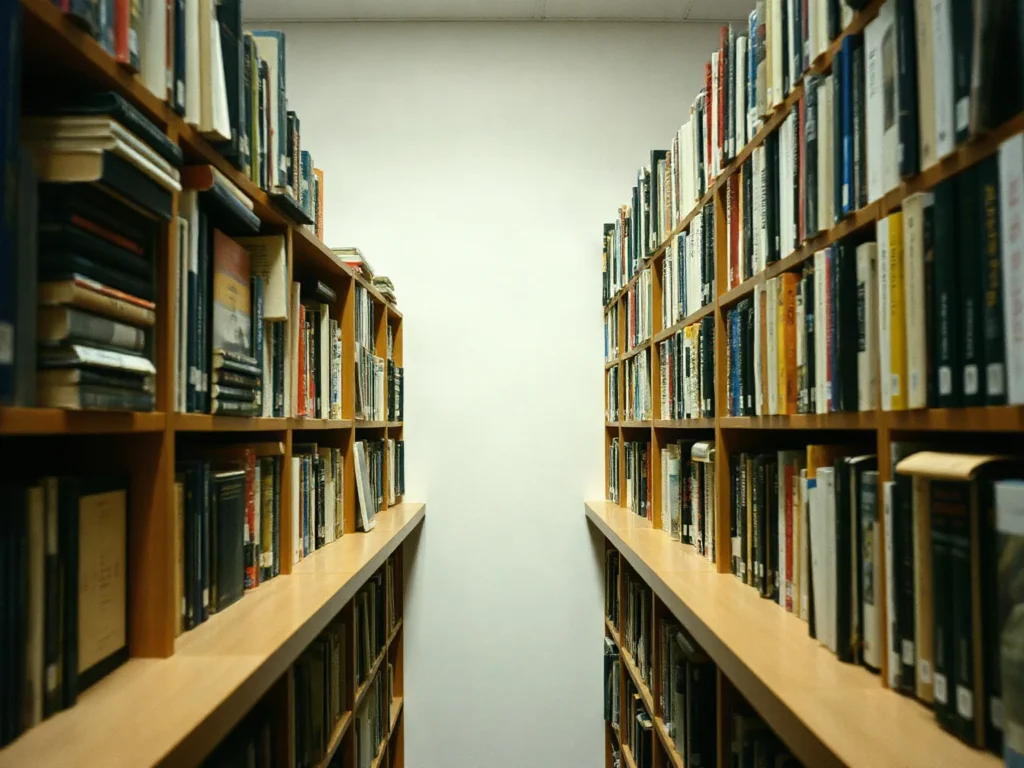 Ripiani in legno pieni di libri lungo due pareti