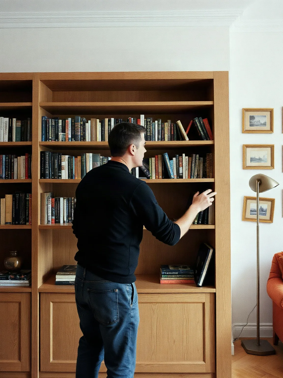 Uomo che sistema i libri su una libreria in rovere a tutta parete