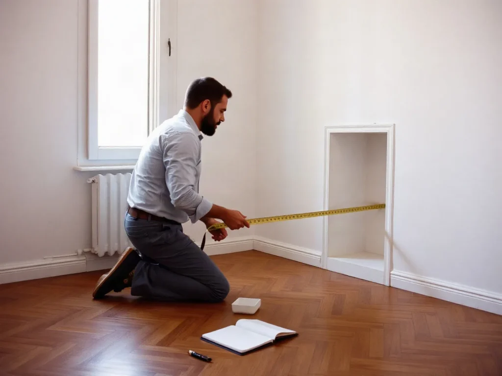 Falegname in ginocchio sul parquet che misura con il metro a nastro la larghezza di una nicchia nel muro