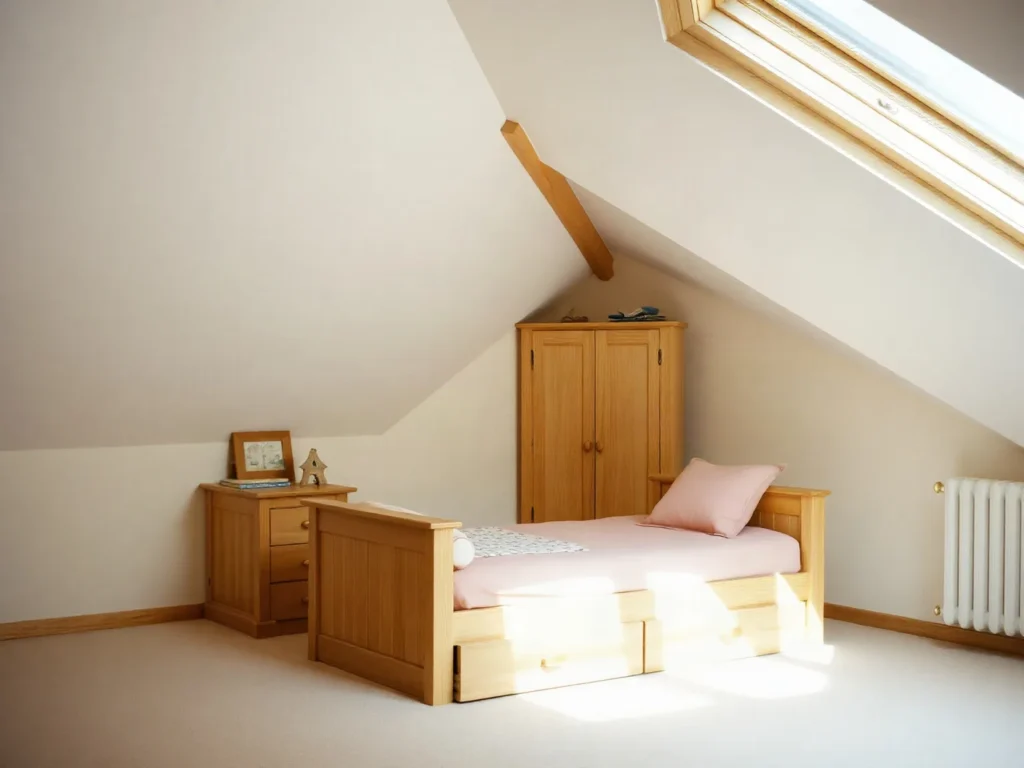 Cameretta in sottotetto con letto a cassetti e armadio in legno chiaro sotto il soffitto inclinato