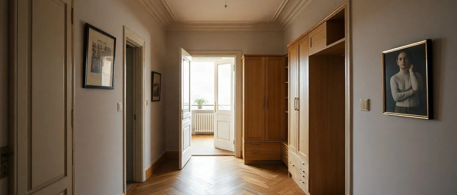 Corridoio d'ingresso con un mobile in rovere chiaro incassato a tutta altezza nella parete