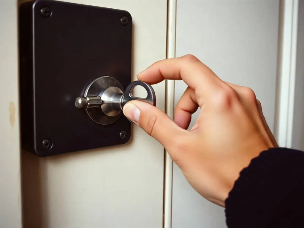 Mano che gira la chiave nella serratura di una porta d'ingresso