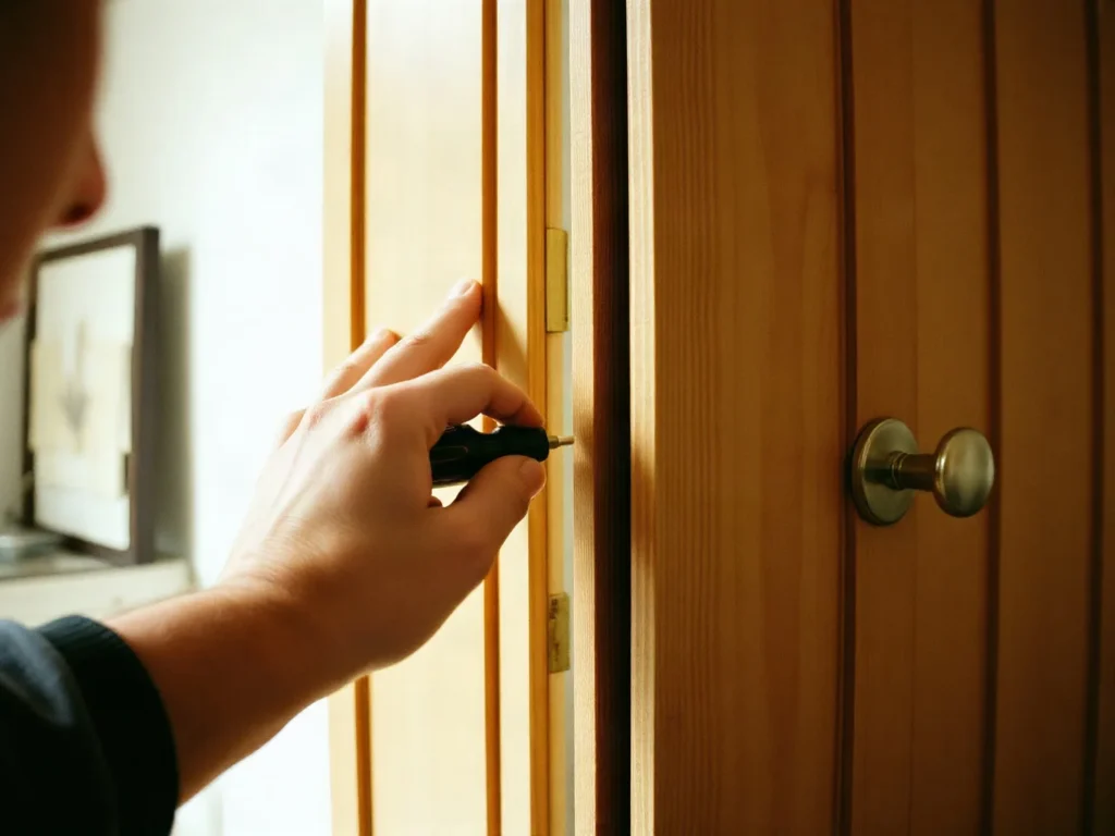 Mano che regola con il cacciavite la cerniera di una porta interna in legno