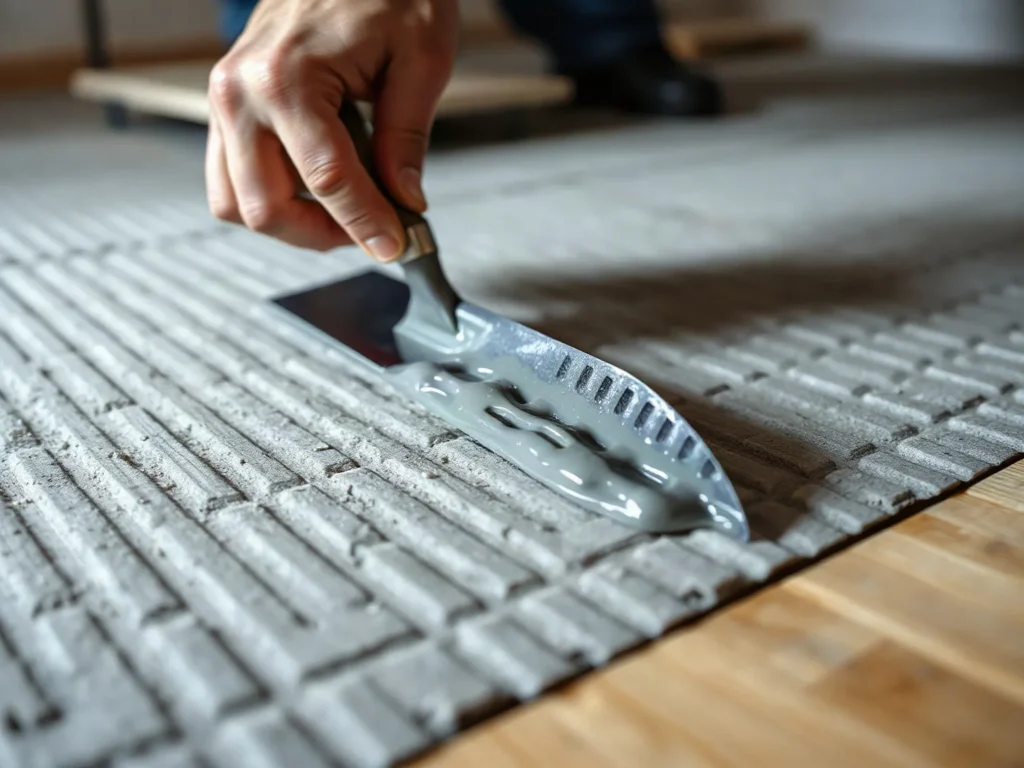 Spatola dentata che stende la colla per parquet sul massetto