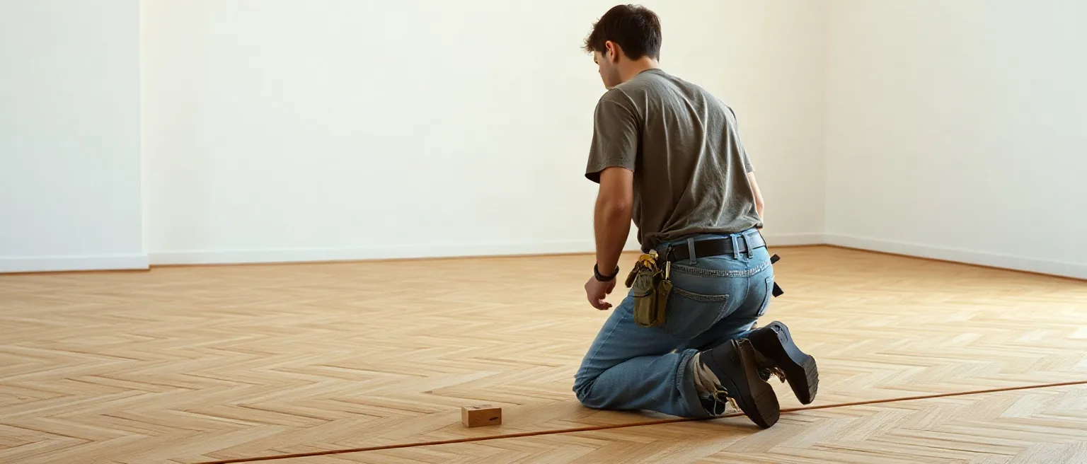 Posatore in ginocchio in una stanza vuota su un parquet a spina appena posato