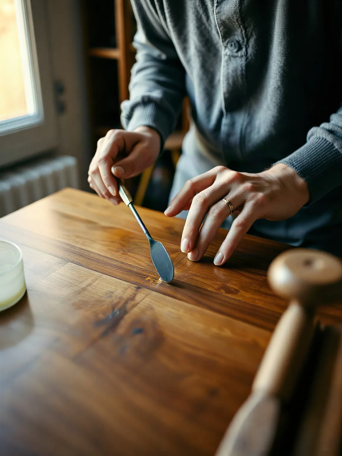 Mani che riempiono con la cera dura il graffio sul piano di un tavolo in noce