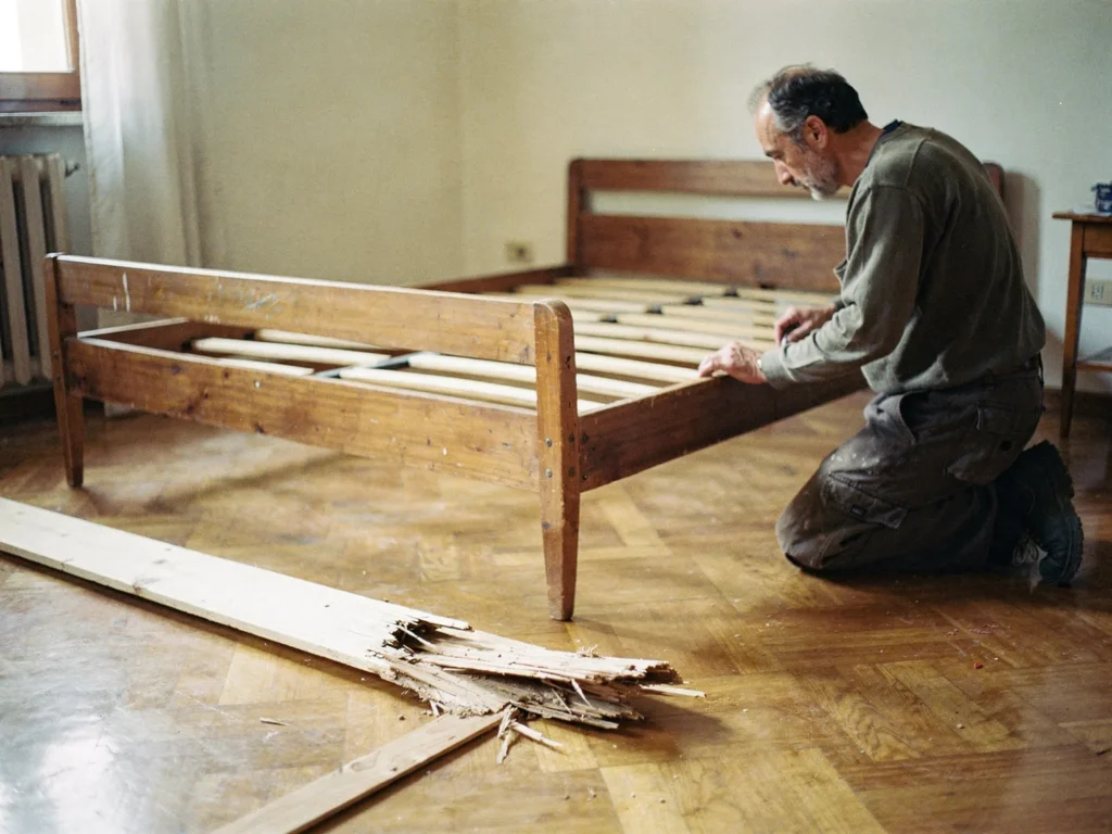 Falegname in ginocchio accanto al telaio di un letto in legno, con la doga rotta sul parquet