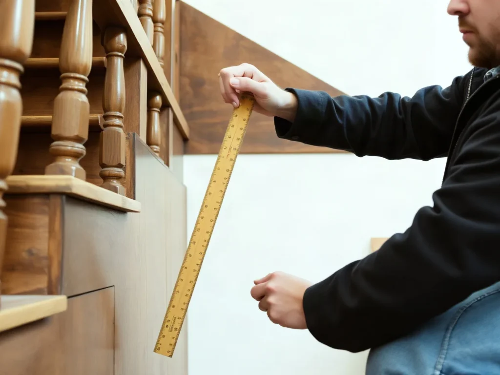 Mano che appoggia un metro di legno sul gradino di una scala