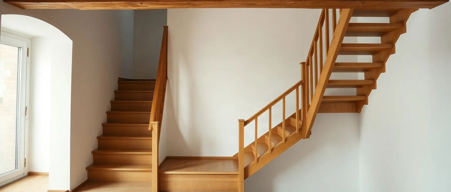 Scala in legno a rampa con i gradini in rovere contro una parete bianca