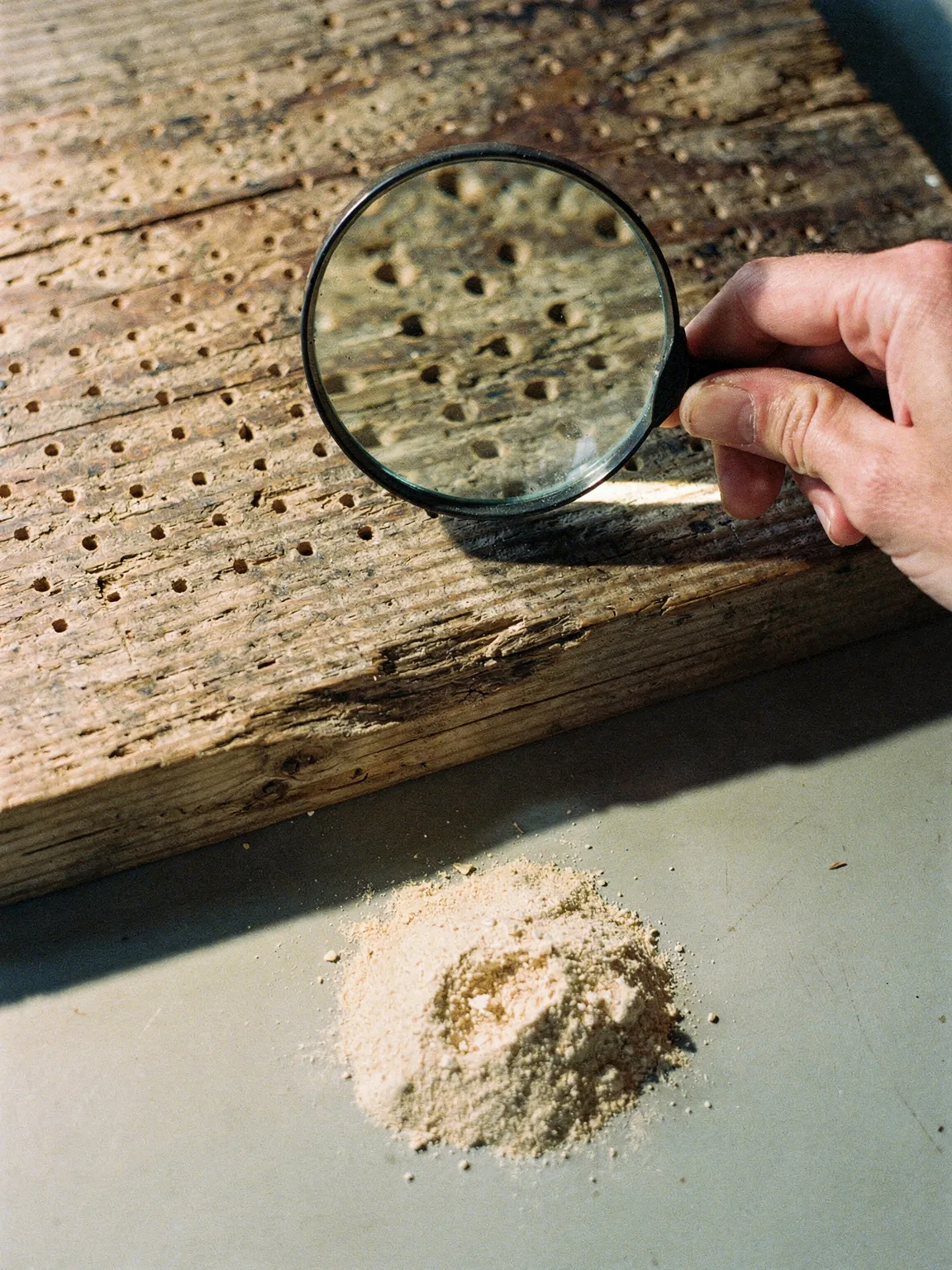 Lente d'ingrandimento sui fori di sfarfallamento di un'asse, con la polvere di legno sul tavolo